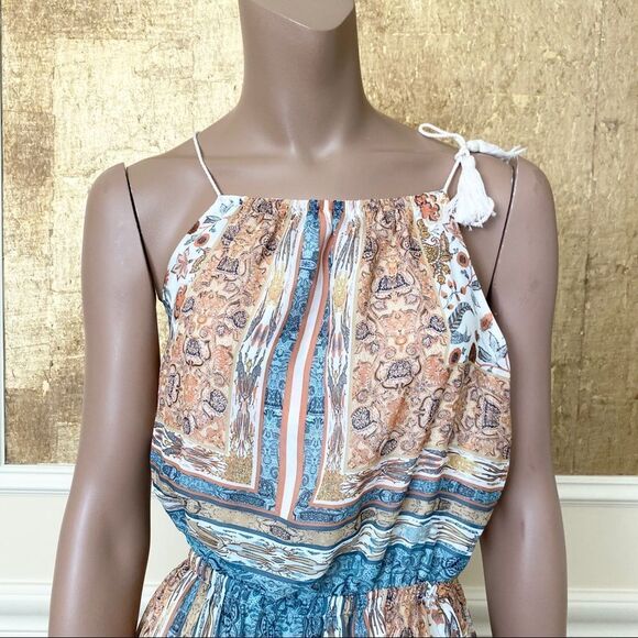 Zara boho tan blue print chiffon maxi dress Size S - Picture 3 of 15
